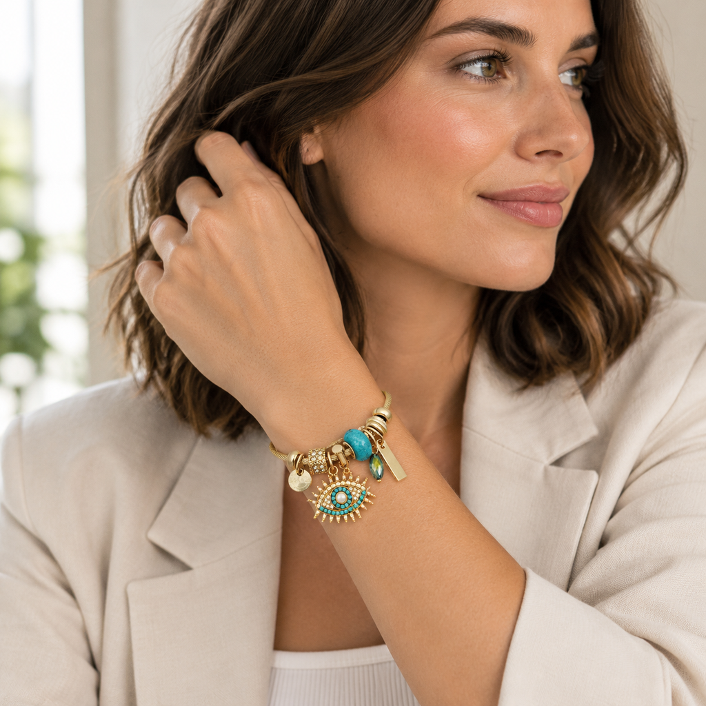 Gold Plated Stainless Steel Evil Eye Open Cuff Bracelet - angled view