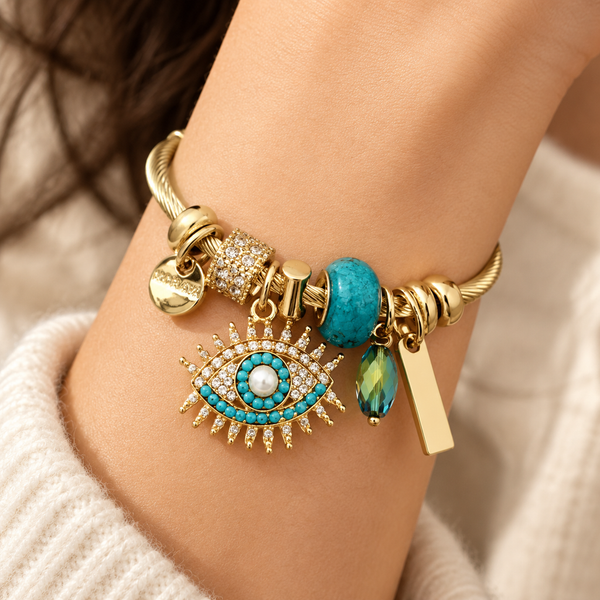 Gold Plated Stainless Steel Evil Eye Open Cuff Bracelet - worn close up