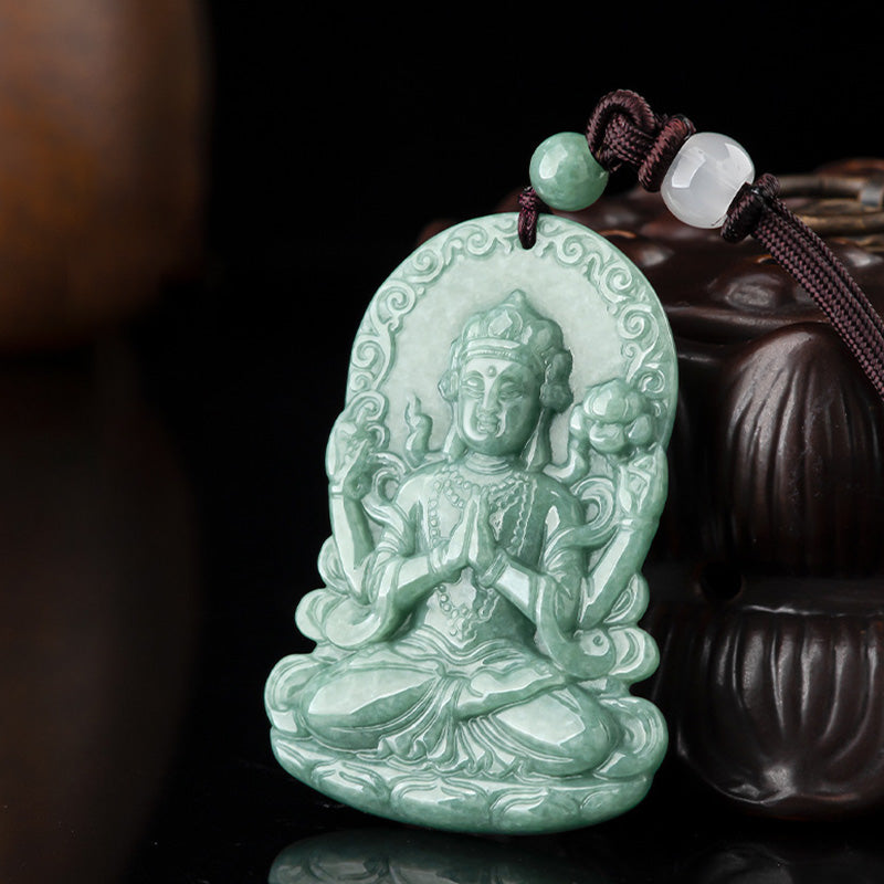 Avalokitesvara Jade Necklace Four-Armed Amulet Blessing 45cm – white jade four-armed figure, purity cleansing pendant