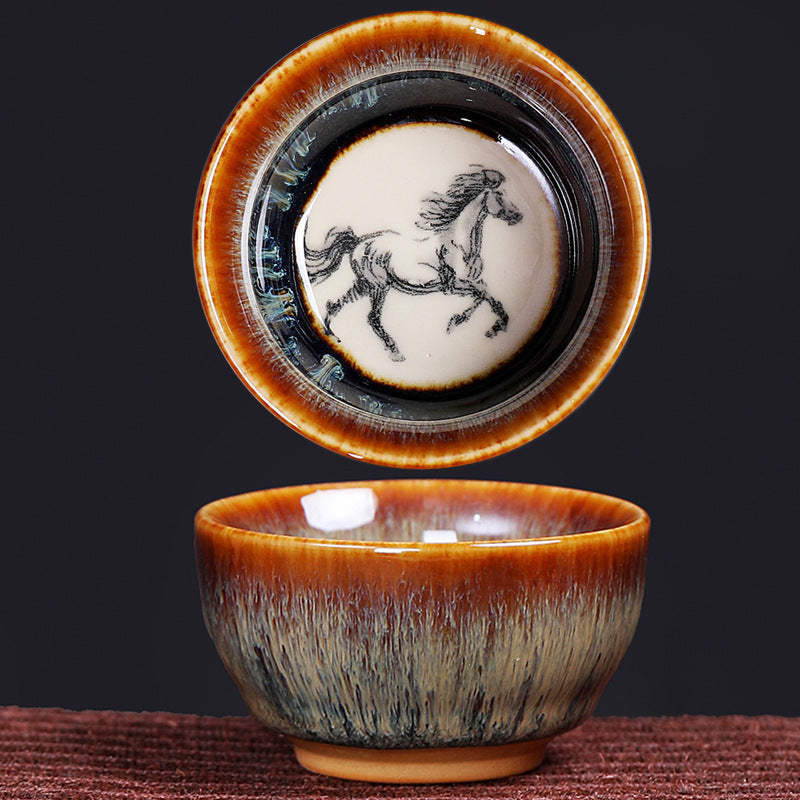 12 Zodiac Jian Zhan Teacup - Monkey zodiac with hand-painted monkey beside peaches interior, amber-to-charcoal hare fur glaze