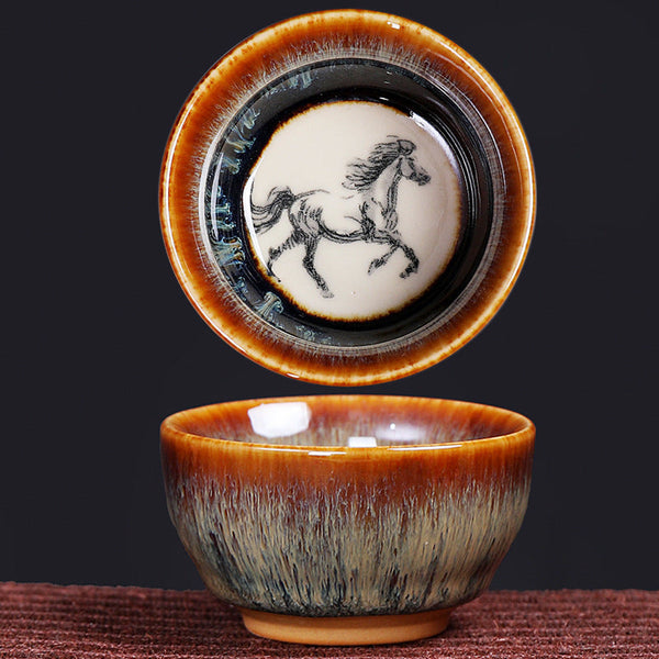 12 Zodiac Jian Zhan Teacup - Monkey zodiac with hand-painted monkey beside peaches interior, amber-to-charcoal hare fur glaze