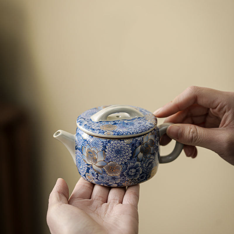 Lotus Chrysanthemum Ceramic Teapot - Two-hand hold showing dense floral pattern, compact brewing