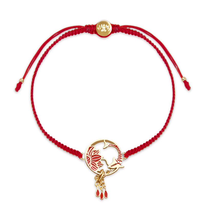 Tibetan Red String Koi Fish Bracelet – red braided cord with gold lotus koi charm and enamel teardrop dangles, luck