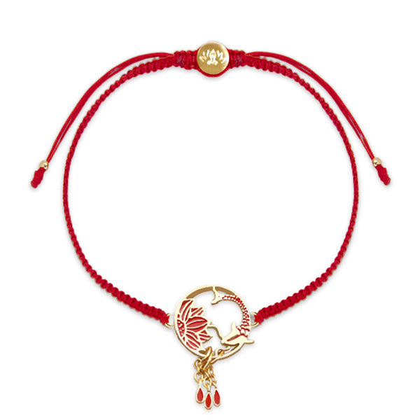Tibetan Red String Koi Fish Bracelet – red braided cord with gold lotus koi charm and enamel teardrop dangles, luck