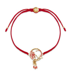 Tibetan Red String Koi Fish Bracelet – red braided cord with gold lotus koi charm and enamel teardrop dangles, luck