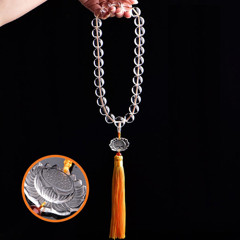White Crystal Lotus Mala – clear beads with carved lotus pendant and yellow silk tassel, crystal healing