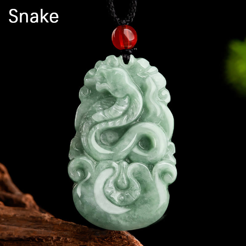 Green Jade Zodiac Necklace - Coiled snake zodiac jade with scale detail, wisdom symbol