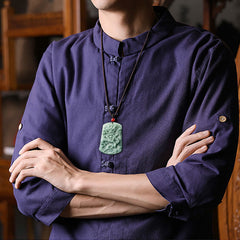 Natural Jade Dragon Pendant – Front view of carved jade dragon plaque with red bead cord, Centered elegance
