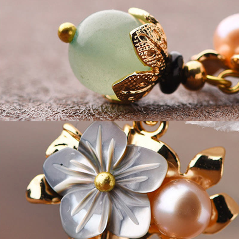 14K Gold Tridacna Pearl Aventurine Drop Earrings, detail shot, earring jewelry