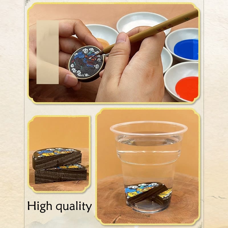PiXiu Coin Keychain – Craftsmanship collage showing painting process and quality test