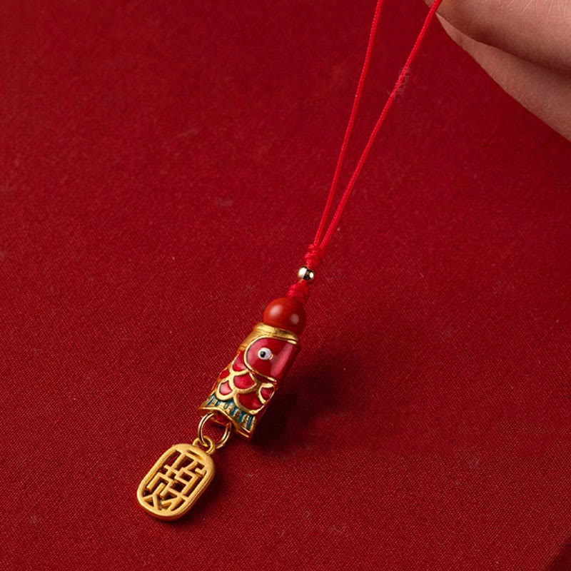 Koi Fish Cinnabar Ruyi Phone Charm – phone charm with red cinnabar koi, gold ruyi, and beaded tassel, wish luck