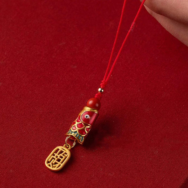 Koi Fish Cinnabar Ruyi Phone Charm – phone charm with red cinnabar koi, gold ruyi, and beaded tassel, wish luck