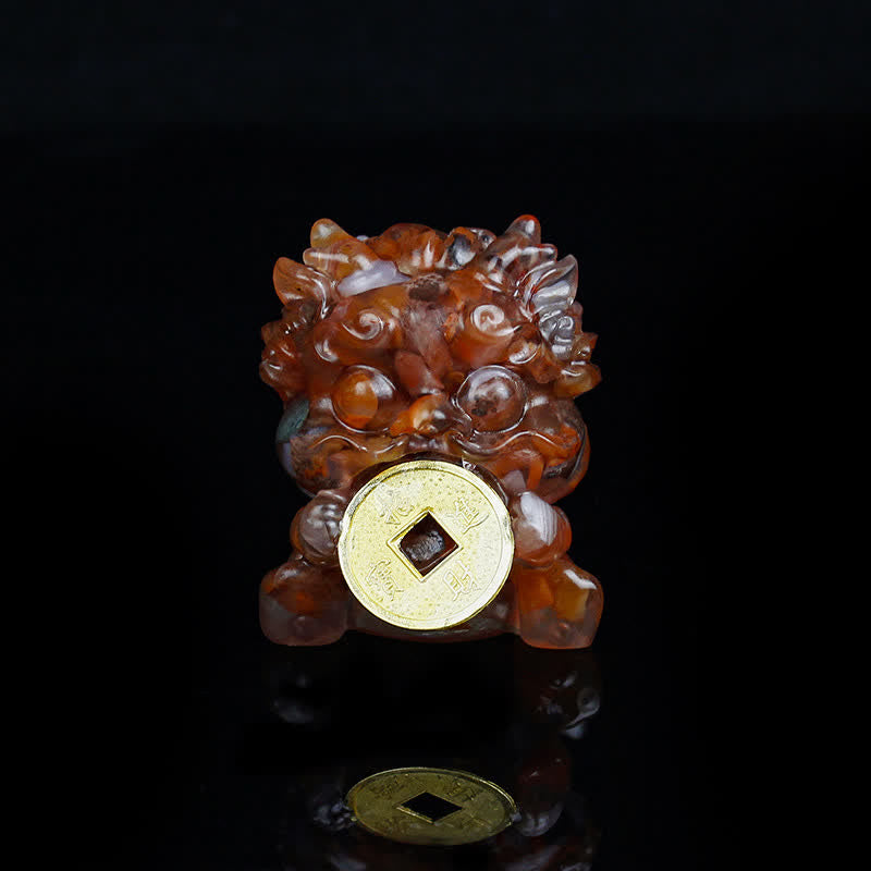 Handmade PiXiu Crystal – Red brown agate front view on black, abundance charm