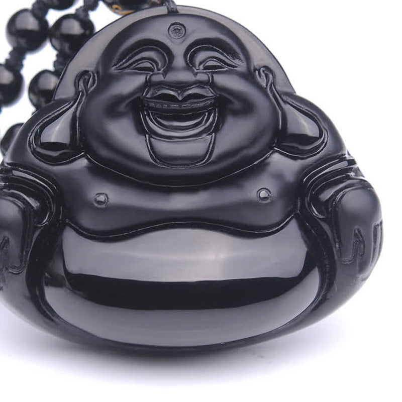 Black Obsidian Laughing Buddha Pendant – studio front view on white background with bead chain, clarity and focus