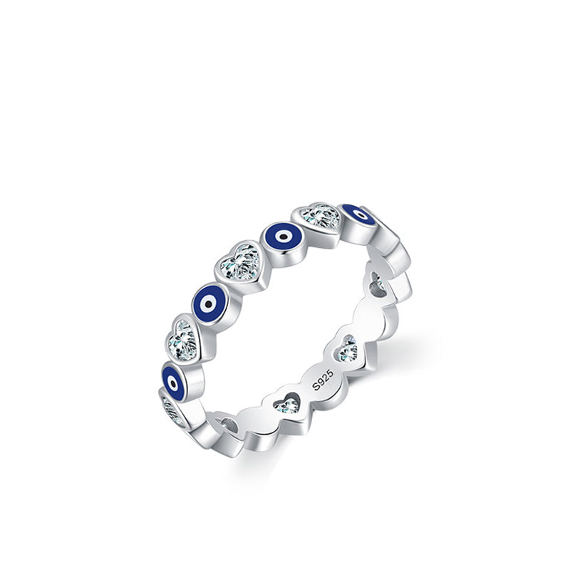 925 Sterling Silver Evil Eye Heart Ring – white background three-quarter view with 925 hallmark visible