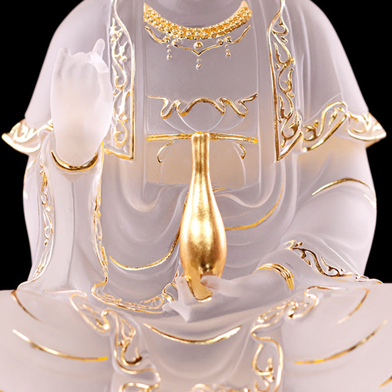 Kwan Yin Liuli Crystal Statue – Elegant lotus pedestal base, feng shui wealth statue