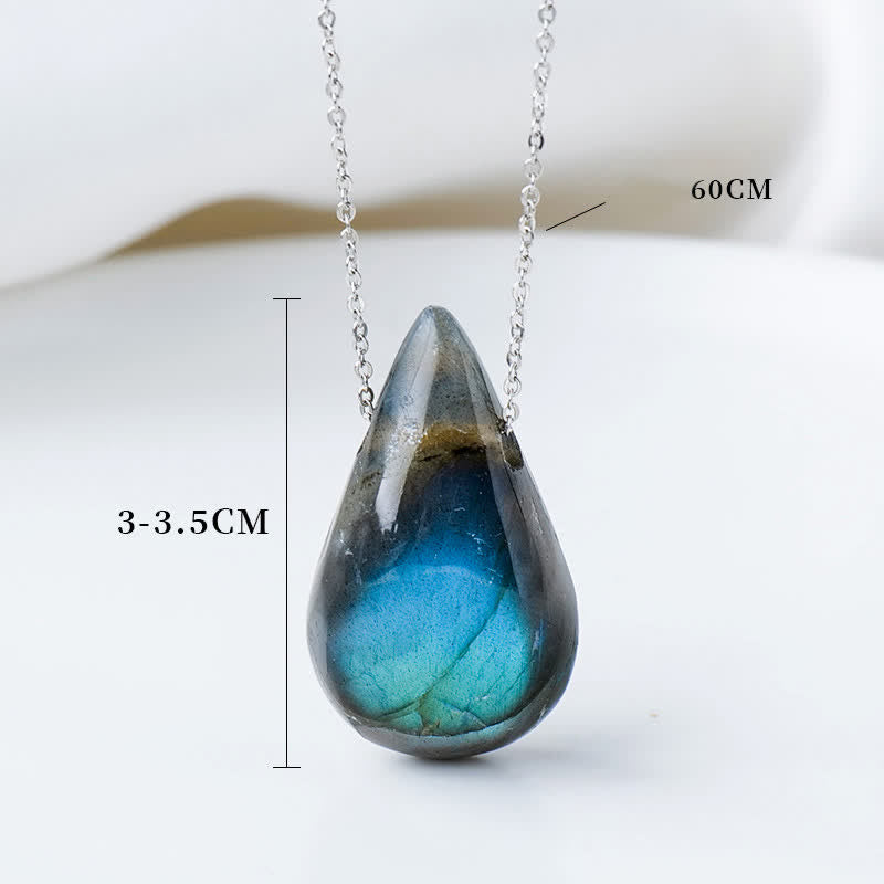 Labradorite water drop pendant necklace with 3-3.5cm teardrop labradorite cabochon on 60cm silver cable chain showing blue-green iridescent labradorescence with size measurements