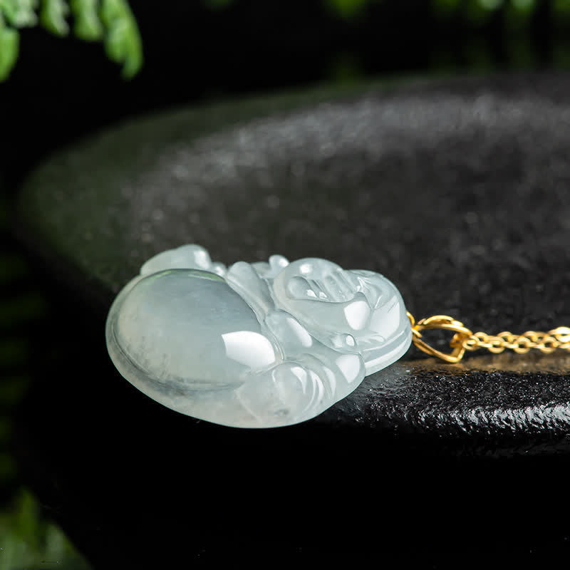 Laughing Buddha Jade Pendant Necklace – Plump smiling deity clutching prayer beads, prosperity charm
