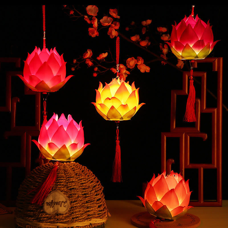 DIY Lotus Dragon Lantern Tassel Lamp – Five lotus lanterns displayed with lattice screens and cherry blossoms, Cultural elegance