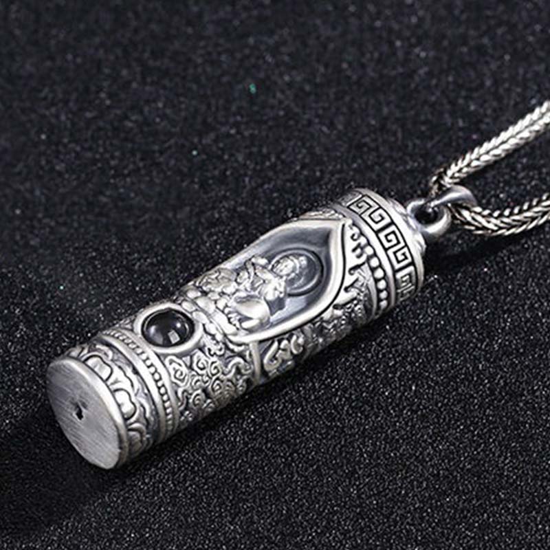 Chinese Zodiac Natal Buddha Projection Necklace – Oblique detail shot, lens and aperture visible, micro-projection mechanism