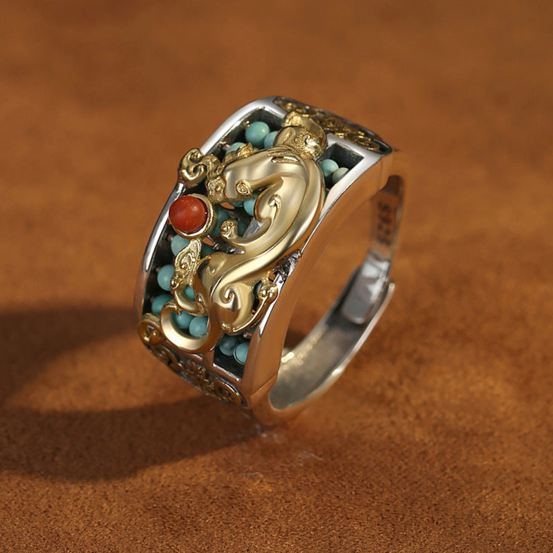 Silver PiXiu Ring – Angled side gold PiXiu detail, turquoise and red agate accents, fine craftsmanship