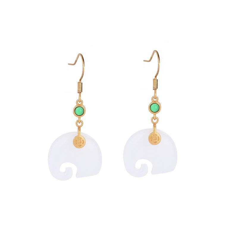 Feng Shui Elephant White Jade Fortune Earrings white background front view