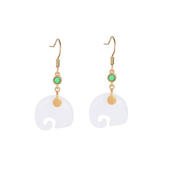 Feng Shui Elephant White Jade Fortune Earrings white background front view