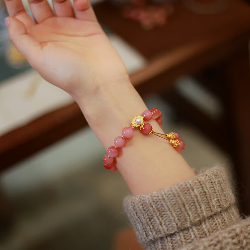 925 Silver Yanyuan Agate Lotus Bracelet – pink beads gold floral charm on wrist, adjustable stretch bracelet