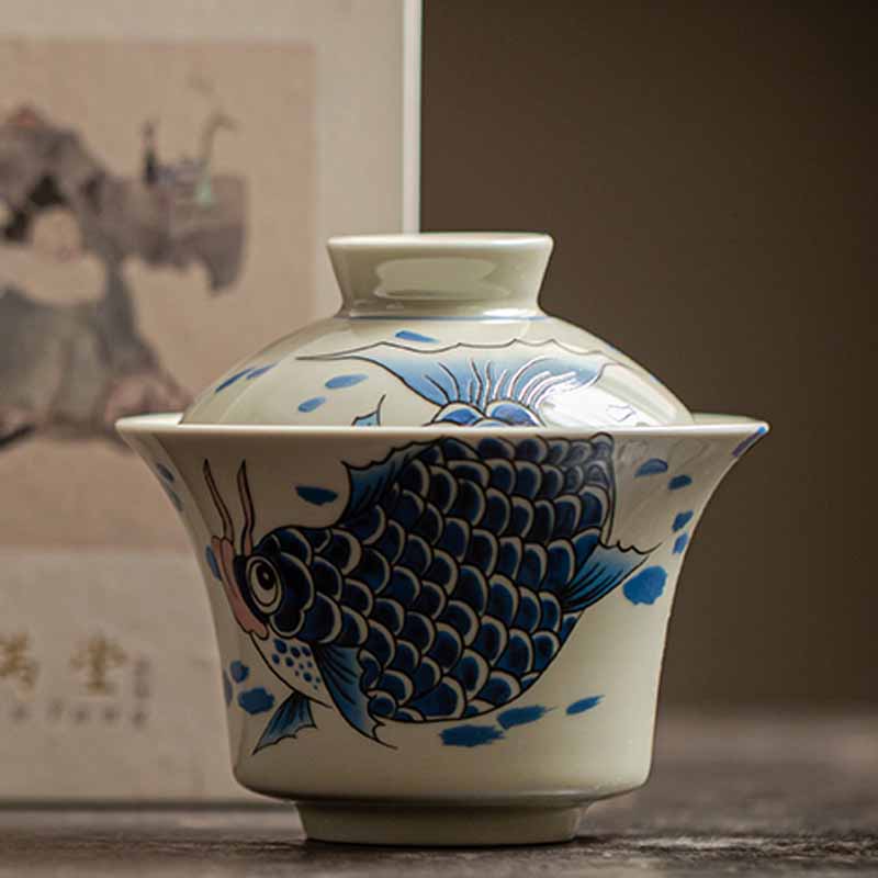 Koi Sancai Teacup – beside teapot on tea tray, gaiwan tea set display