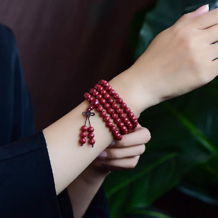 108 Mala Beads Cinnabar Bracelet – Multi-wrap on wrist with knot, beaded bracelet