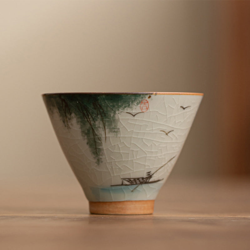 Persimmon Boat Koi Cup – back view with lotus and boat design, kung fu teacup 50ml
