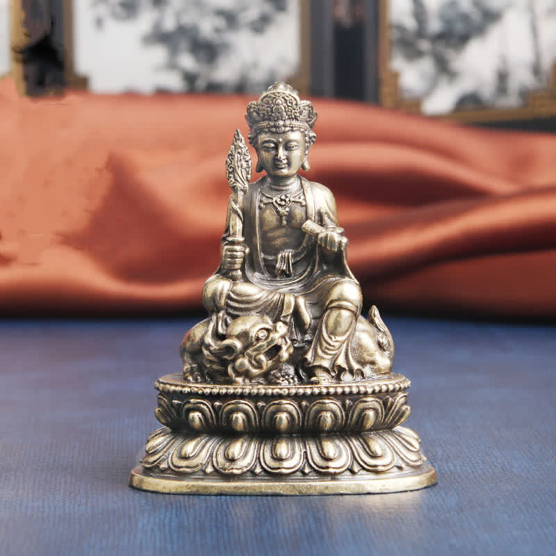 Manjusri Bodhisattva Copper Statue – Warm copper tones with aged verdigris accents, vintage collectible