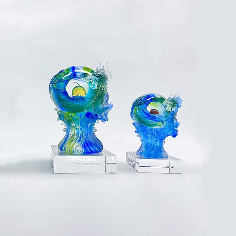 Azure Dragon Liuli Crystal – two dragon sizes paired together, executive desk display