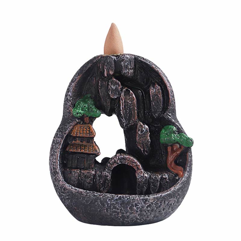 Resin Backflow Incense Burner – Teardrop grotto with pagoda, arched bridge and trees on white background, zen