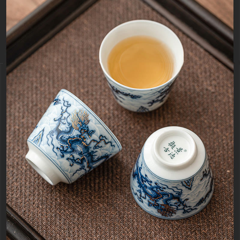 Blue & White Dragon Ceramic Teacup – three cups on woven mat, one inverted showing base mark, authentic