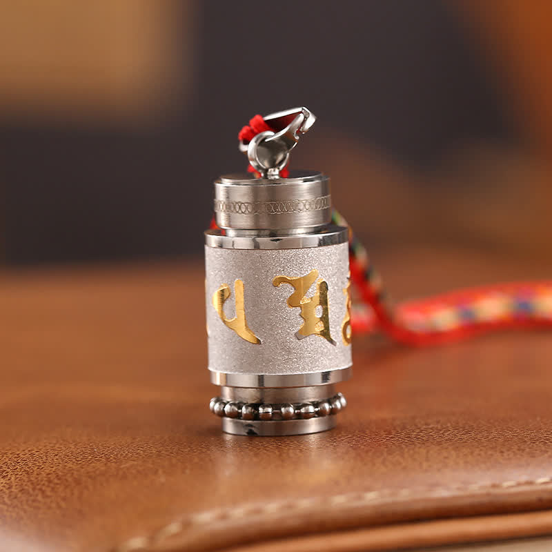 Om Mani Padme Hum Amulet – Gold prayer wheel, black cord option, titanium steel pendant