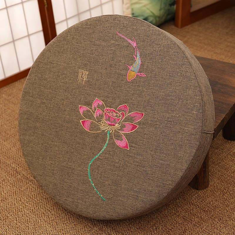 Brown Zen Meditation Cushion - Lotus koi and Chan character on olive linen zafu, tea room