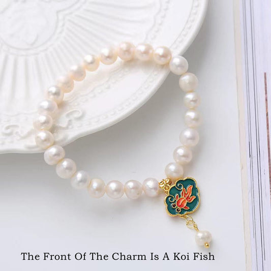 Pearl Lotus Koi Bracelet – Close-up koi fish charm, lucky koi pearl bracelet