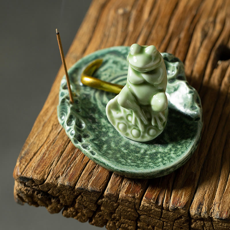 Ceramic Frog Incense Burner – On ornate wooden stand, Functional art, Decorative