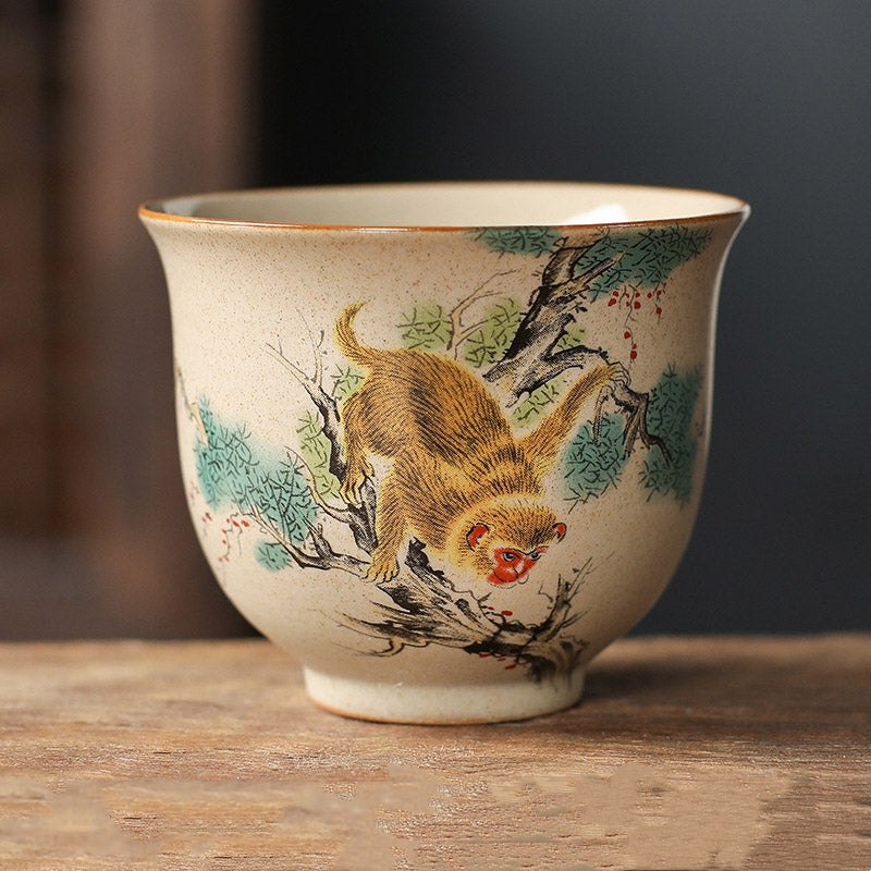 Chinese Zodiac Ceramic Teacup - monkey climbing branch tea cup, speckled cream glaze pottery