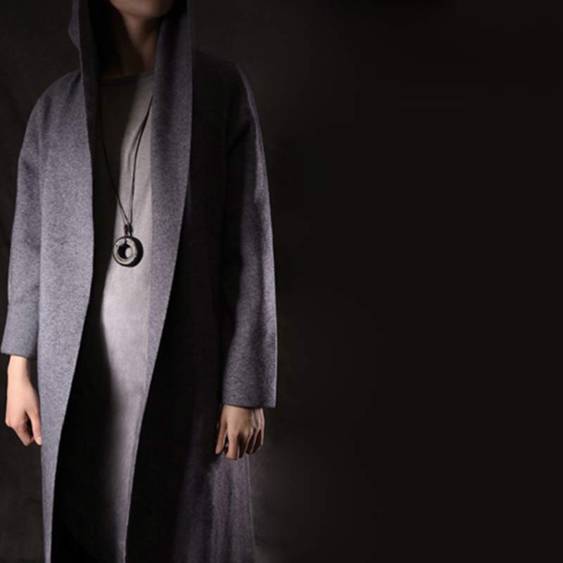 Hooded Gray Cardigan - long open-front duster sweater with relaxed oversized silhouette and knit texture