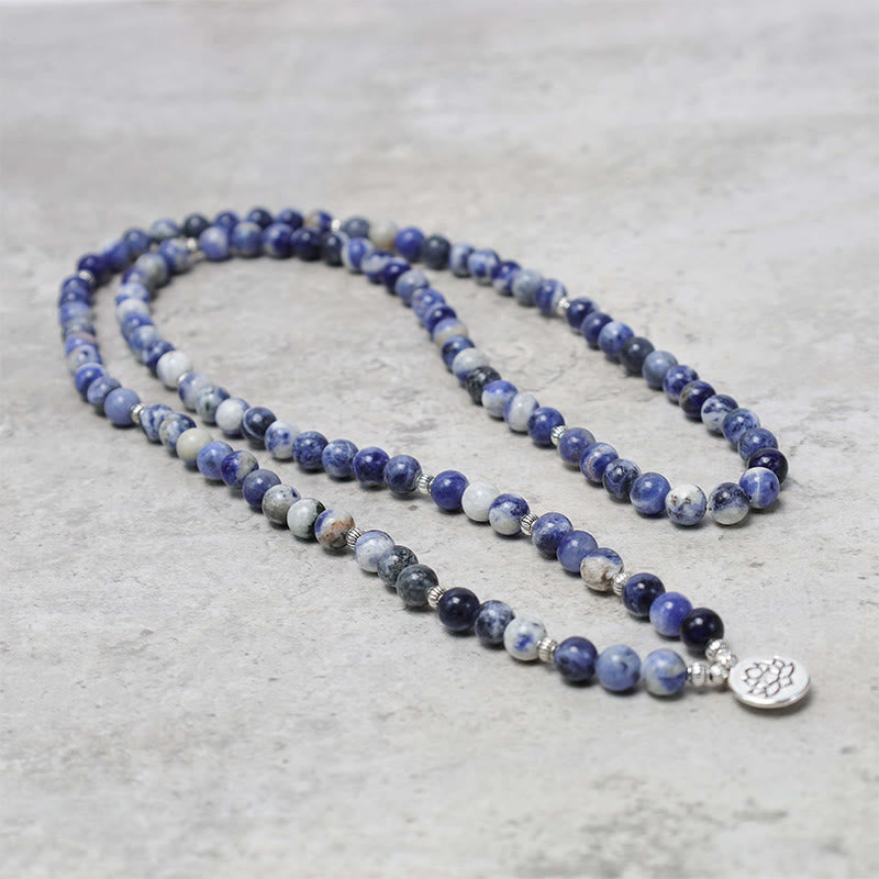 Blue Aventurine Lotus Peace Bracelet – long beaded mala necklace in S-curve with silver lotus flower pendant, natural stone beads