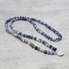 Blue Aventurine Lotus Peace Bracelet – long beaded mala necklace in S-curve with silver lotus flower pendant, natural stone beads