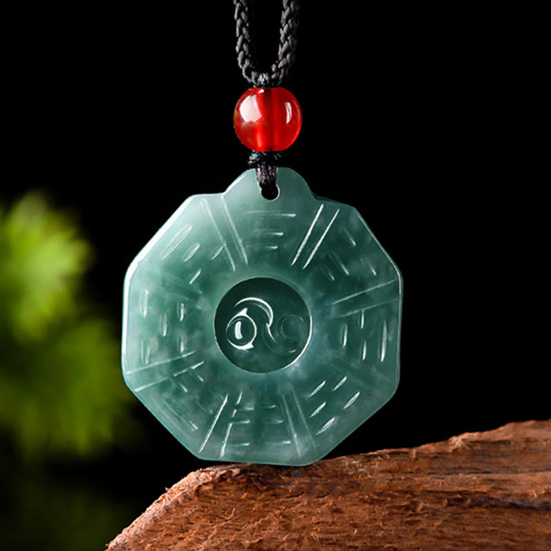 Natural Jade Bagua Yin Yang Pendant - Jade bagua necklace with yin-yang and trigram carving, jade pendant