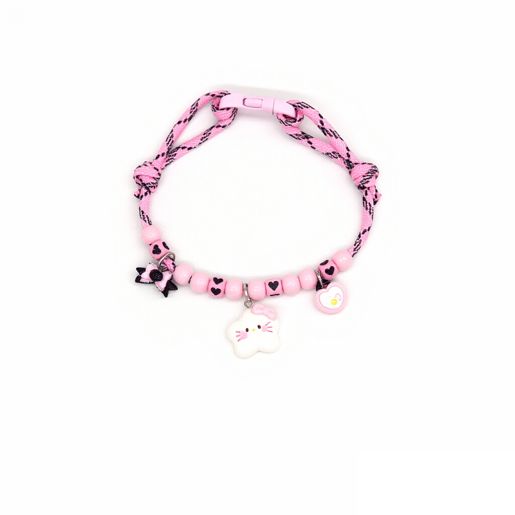 Cat Collar – Pink-black rope with bow, cat face & bell-inside heart, kawaii pet necklace