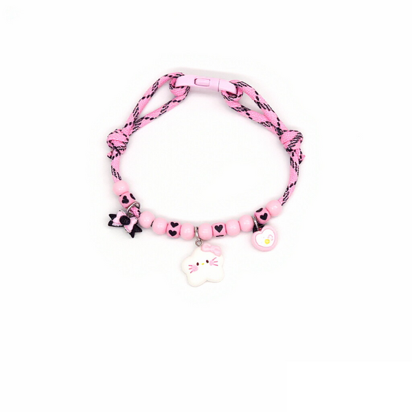 Cat Collar – Pink-black rope with bow, cat face & bell-inside heart, kawaii pet necklace