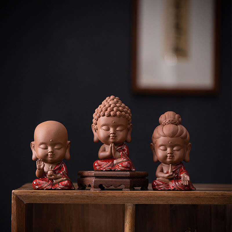 Gautama Kwan Yin Ceramic Set – three mini Buddha figures on wooden tray, zen desk decoration