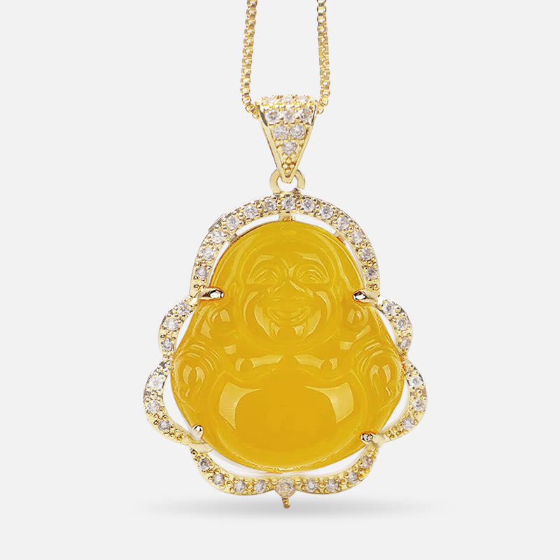 Jade Laughing Buddha Luck Necklace – yellow citrine laughing Buddha in gold diamond halo with gold chain, front-view joy