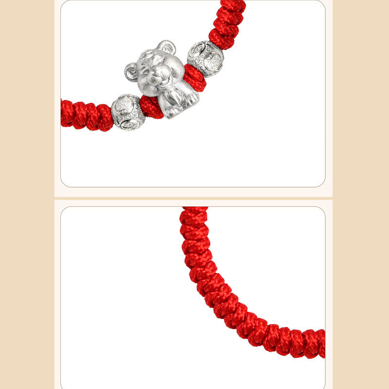 999 Sterling Silver Zodiac Red Rope Kids Bracelet - Close-up of silver tiger charm and cord texture, handcrafted detail