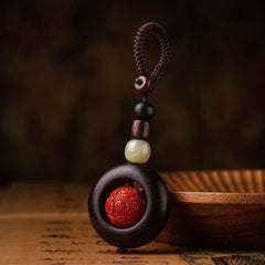 Tibetan Om Mani Padme Hum Sandalwood Cinnabar Protection Keychain – mantra bead upright by wooden bowl, Tibetan keychain